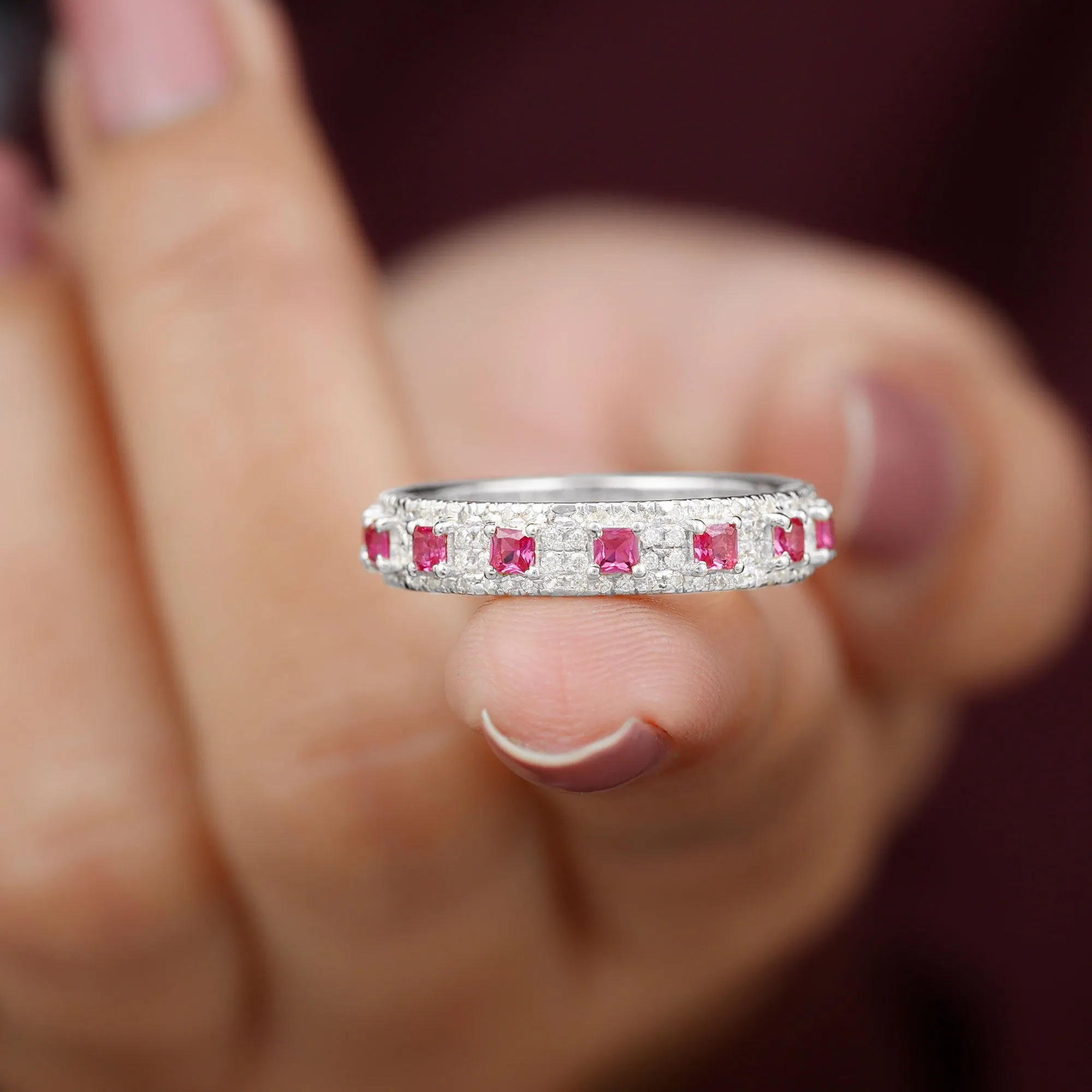 1.75 CT Princess Cut Created Ruby Wedding Band Ring with Diamond Accent