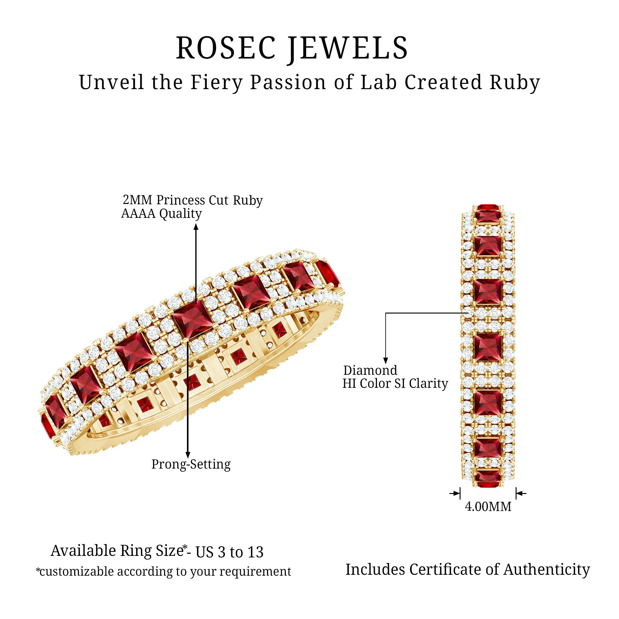 1.75 CT Princess Cut Created Ruby Wedding Band Ring with Diamond Accent