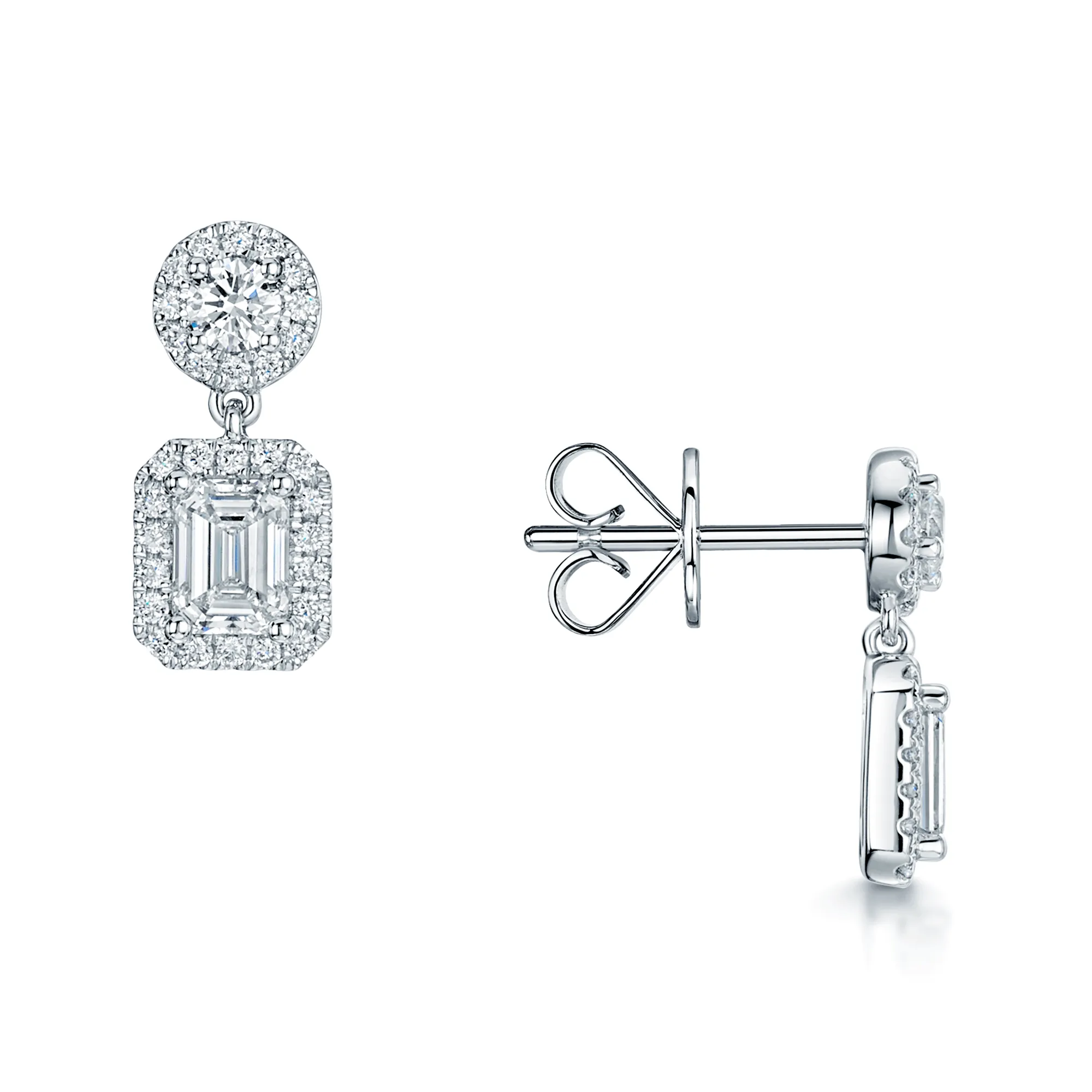 18ct White Gold GIA Certificated Emerald Cut And Round Brilliant Cut Diamond Halo Drop Earrings