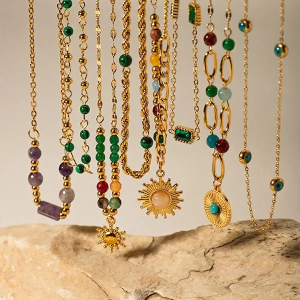 18k Gold-Plated Stainless Steel Turquoise Bead Necklace 58230578S
