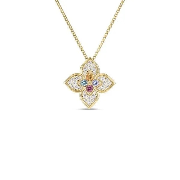 18K Rose Gold Venetian Princess Carnevale Small Pave Mixed Stones Flower Necklace