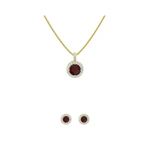 18K Yellow Gold 1ct Halo Garnet Round 18 Inch Necklace and Halo Earrings Set Plated