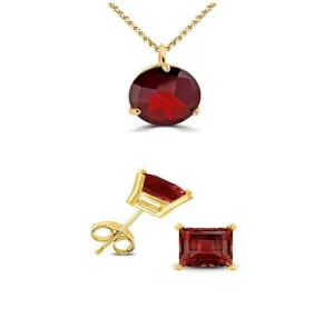 18K Yellow Gold 3ct Garnet Round 18 Inch Necklace and Square Earrings Set Plated