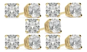 18k Yellow Gold 4mm 1Ct Cushion Cut White Sapphire Set Of Five Stud Earrings Plated