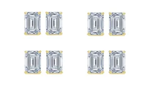 18k Yellow Gold 6mm 1Ct Emerald Cut White Sapphire Set Of Four Stud Earrings Plated