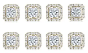 18k Yellow Gold Plated 1Ct Princess Cut White Sapphire Set of Four Halo Stud Earrings