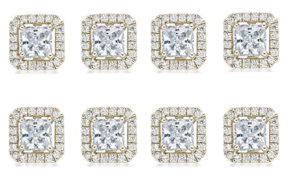 18k Yellow Gold Plated 1Ct Princess Cut White Sapphire Set of Four Halo Stud Earrings