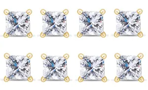 18k Yellow Gold Plated 2Ct Princess Cut White Sapphire Set Of Four Stud Earrings