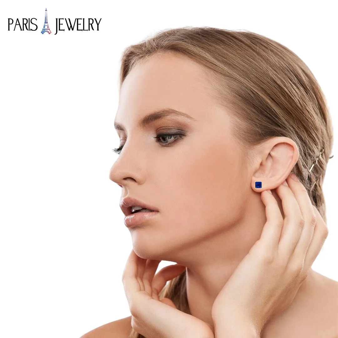 18k Yellow Gold Plated 3Cttw 8mm Created Blue Sapphire 3 Pair Round, Square and Heart Stud Earrings