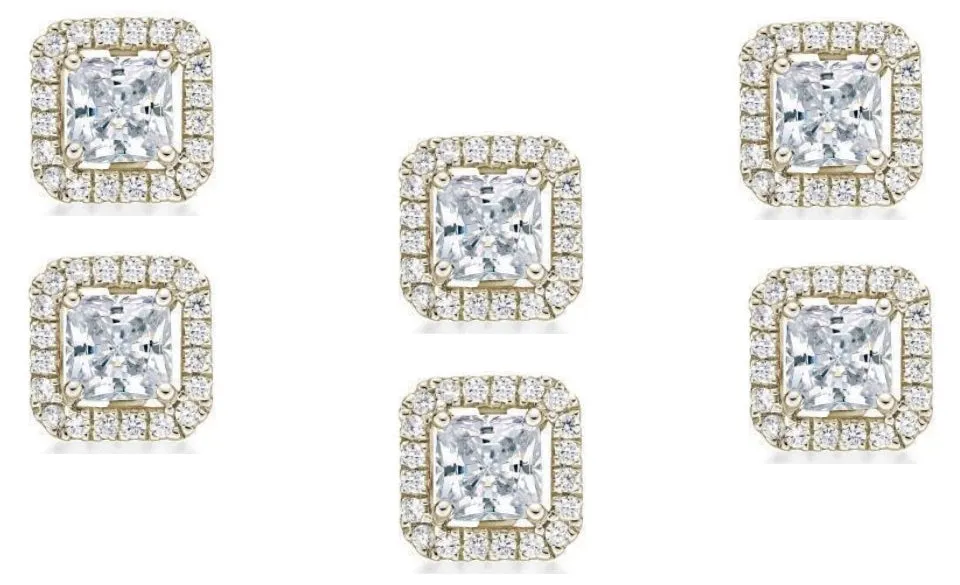 18k Yellow Gold Plated 4Ct Princess Cut White Sapphire Set of Three Halo Stud Earrings