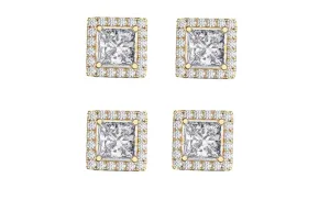 18k Yellow Gold Plated 4mm 1/2Ct Square Cut White Sapphire Set of Two Halo Stud Earrings