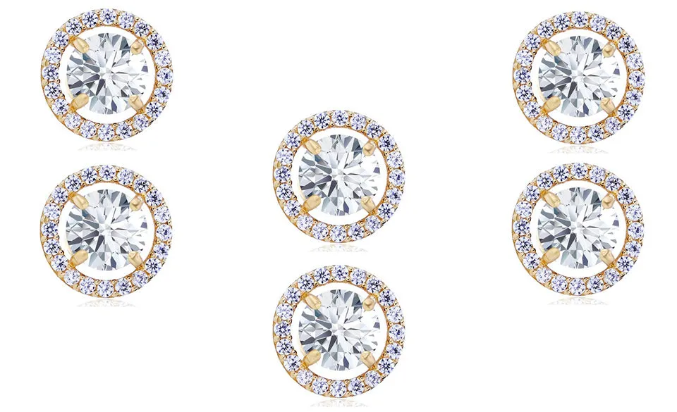 18k Yellow Gold Plated 6mm 1/2Ct Round White Sapphire Set of Three Halo Stud Earrings