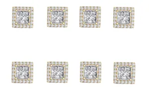 18k Yellow Gold Plated 6mm 1Ct Square Cut White Sapphire Set of Four Halo Stud Earrings
