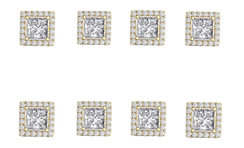 18k Yellow Gold Plated 6mm 1Ct Square Cut White Sapphire Set of Four Halo Stud Earrings