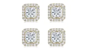 18k Yellow Gold Plated 6mm 3Ct Princess Cut White Sapphire Set of Two Halo Stud Earrings