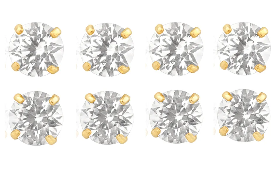 18k Yellow Gold Plated 6mm 4Ct Round White Sapphire Set Of Four Stud Earrings