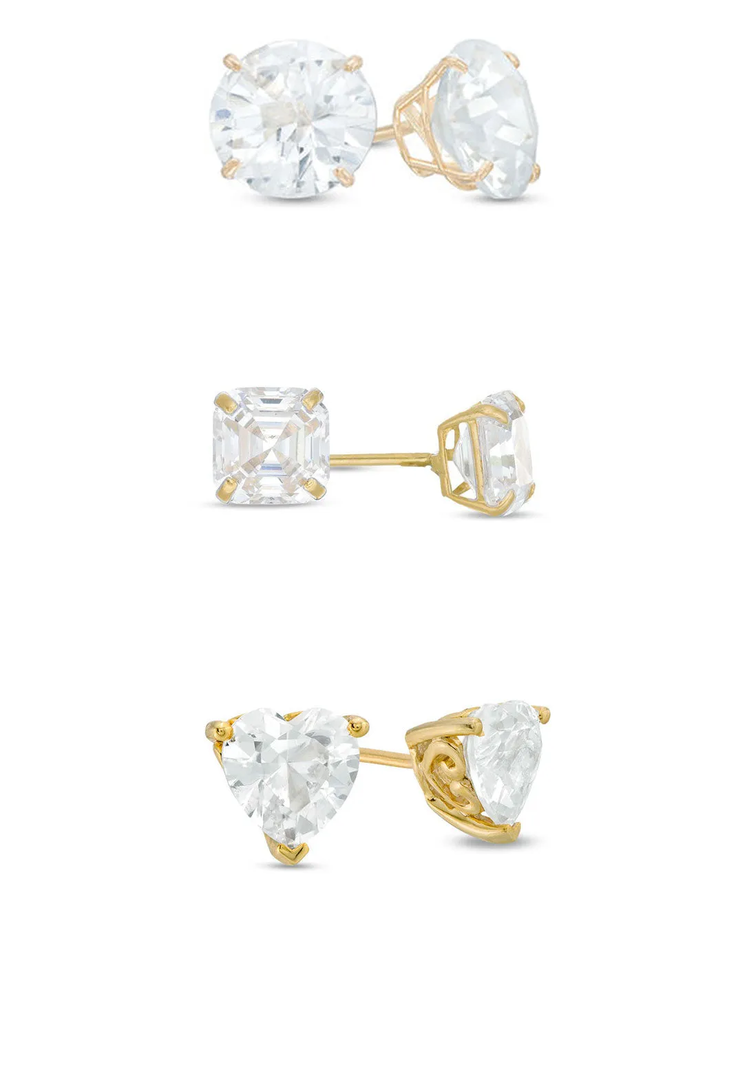 18k Yellow Gold Plated 6mm Created White Sapphire 3 Pair Round, Square and Heart Stud Earrings