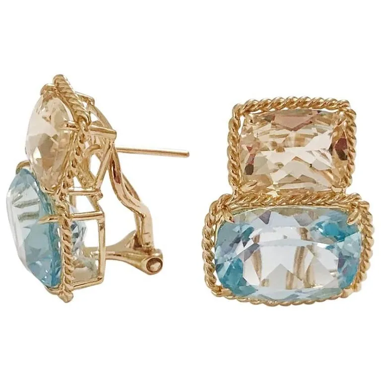 18kt Yellow Gold Three Stone Ring with Pink Topaz and Blue Topaz and Rope Twist Border