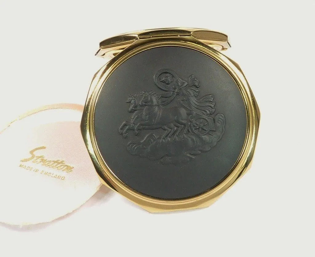 1960s Stratton Powder Compact With Black Basalt Wedgwood Aurora Plaque Unused