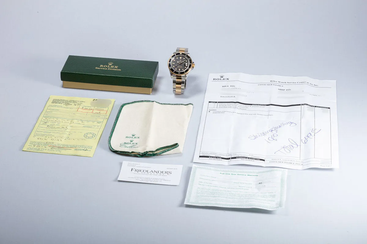 1987 Rolex 18k & Stainless Submariner 16613 Black Dial with Box & Service Papers