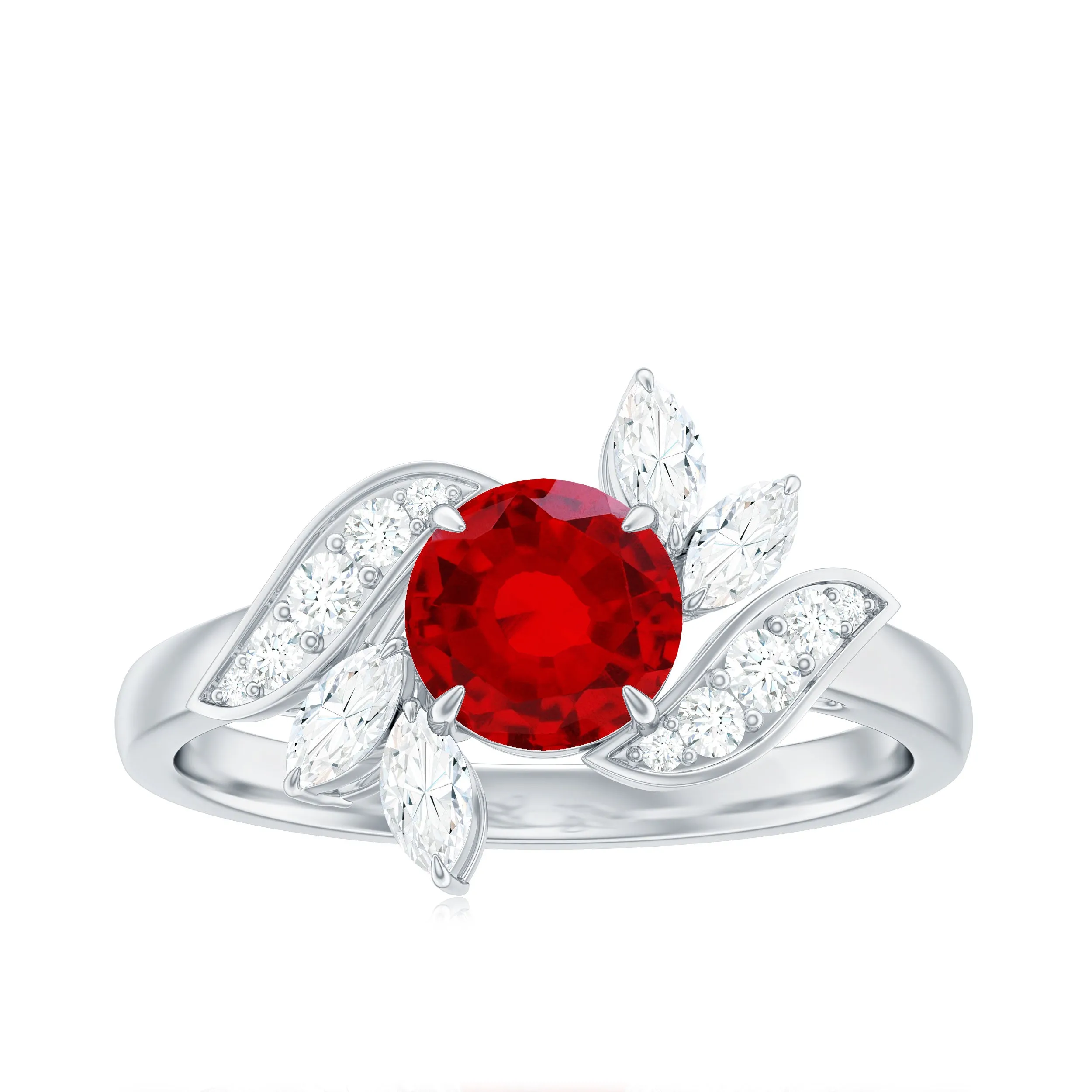 2 CT Created Ruby Flower Engagement Ring with Diamond