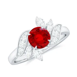 2 CT Created Ruby Flower Engagement Ring with Diamond