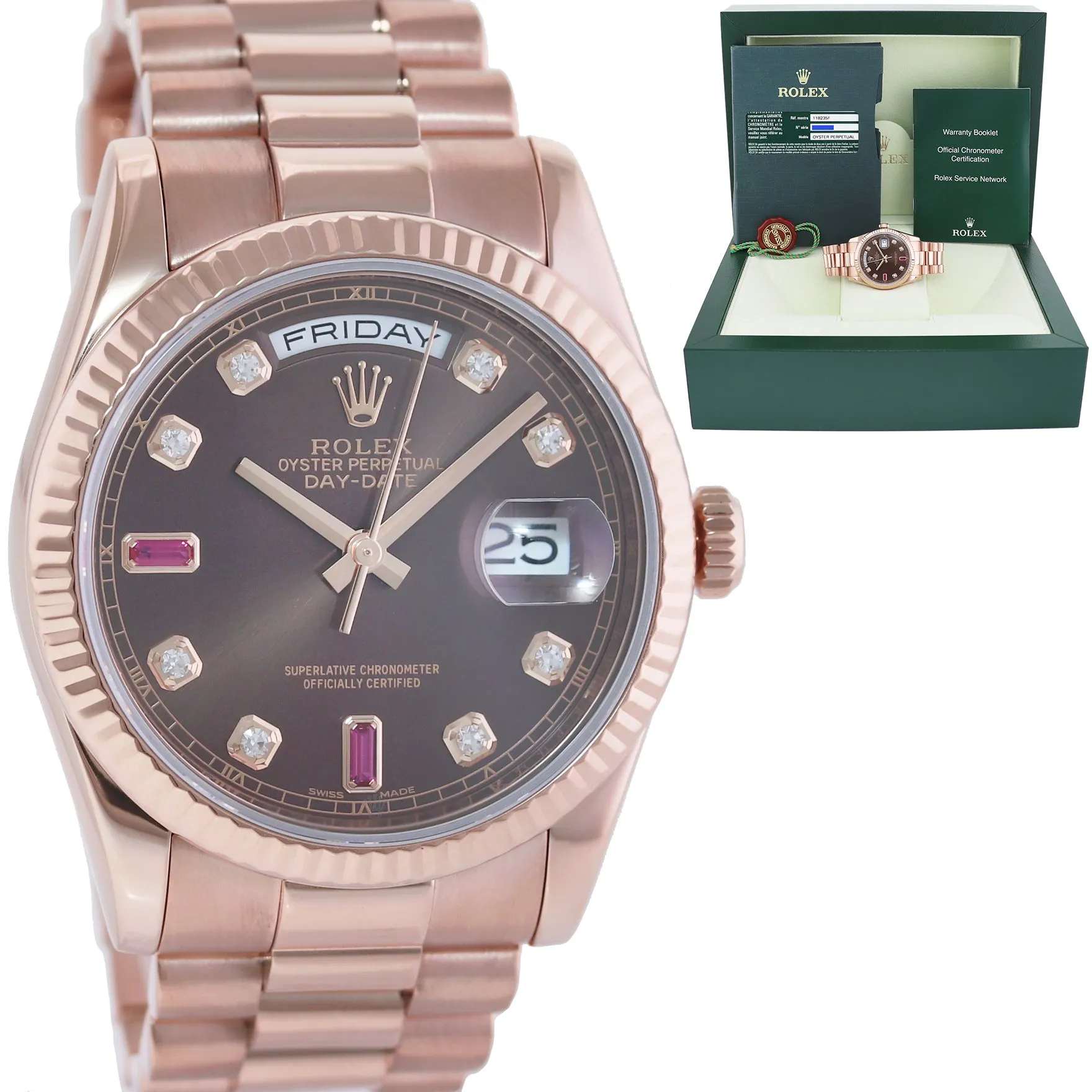 2014 PAPERS Rolex President Day Date Rose Gold 118235 Chocolate Ruby Diamond Watch
