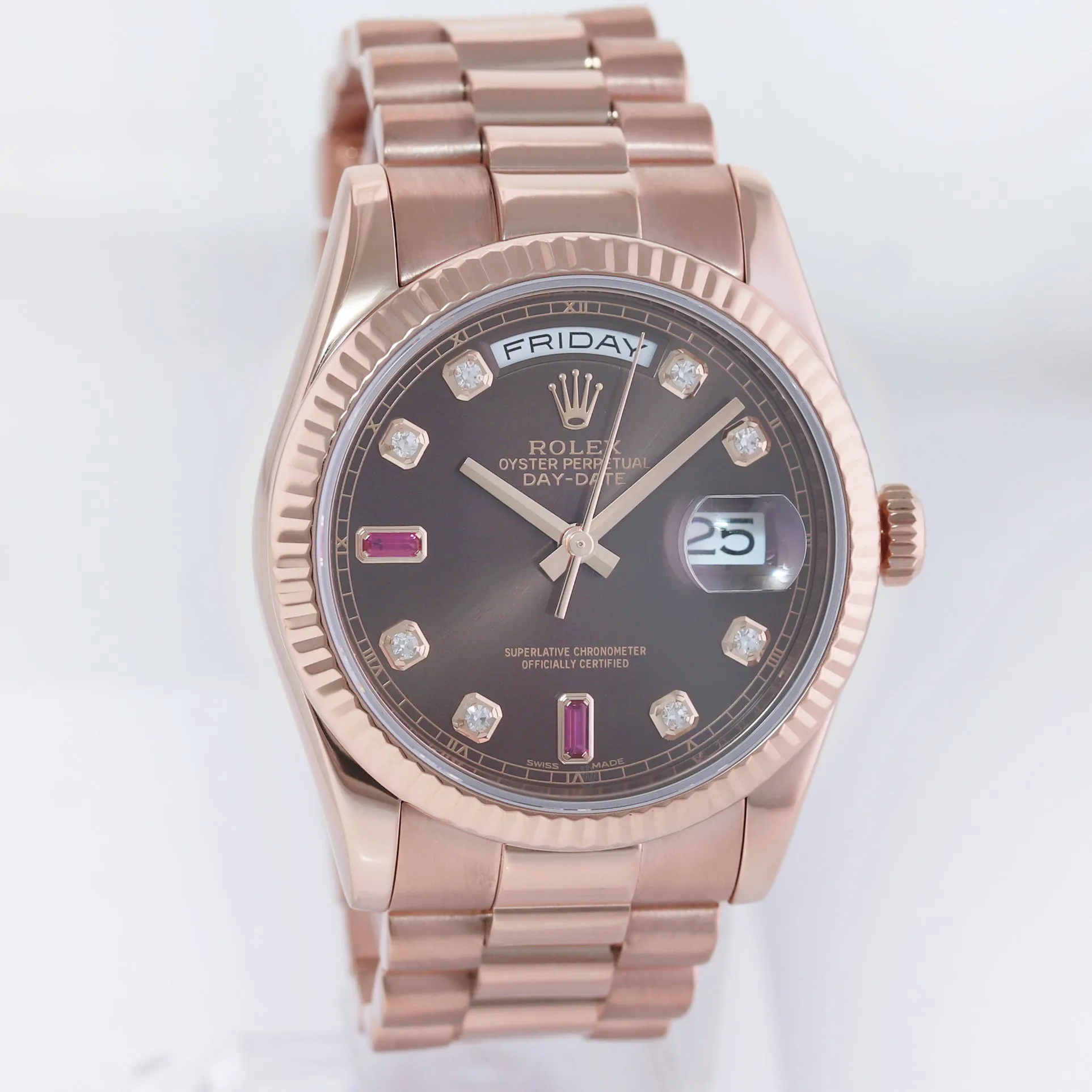 2014 PAPERS Rolex President Day Date Rose Gold 118235 Chocolate Ruby Diamond Watch