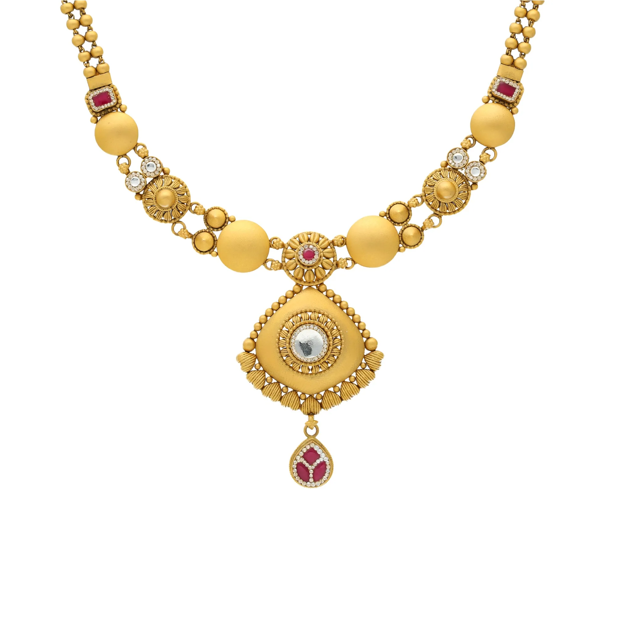22K Yellow Gold Antique Necklace Set w/ Ruby & CZ (38.4gm)