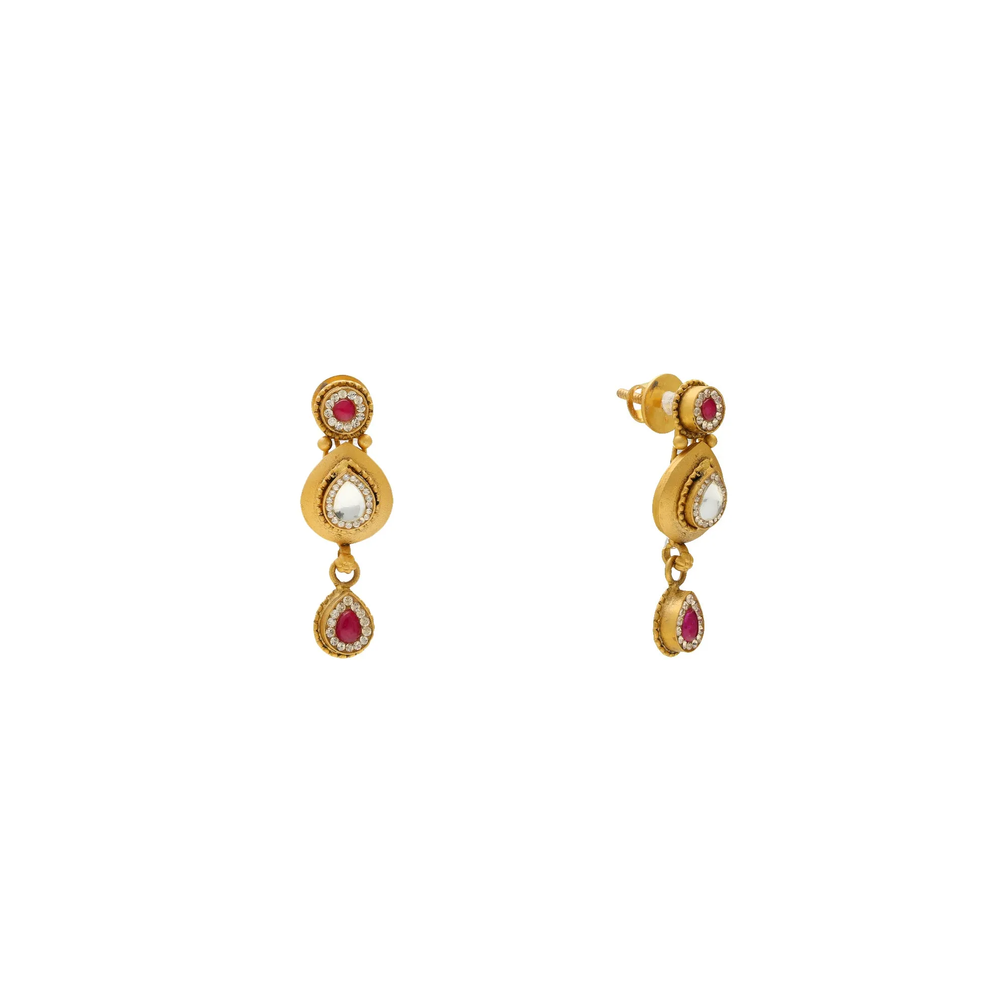 22K Yellow Gold Antique Necklace Set w/ Ruby & CZ (38.4gm)