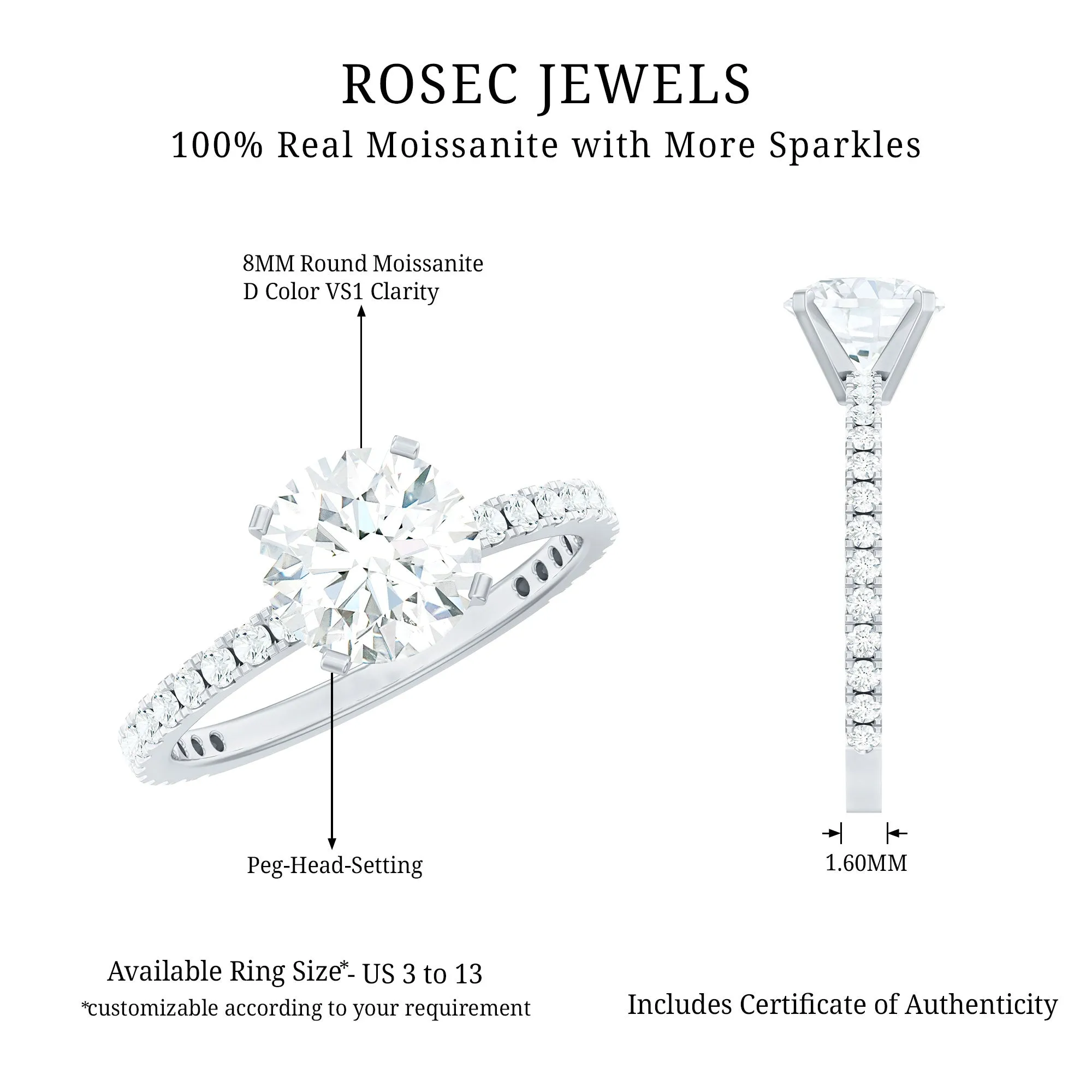 2.75 CT Certified Moissanite Solitaire Engagement Ring