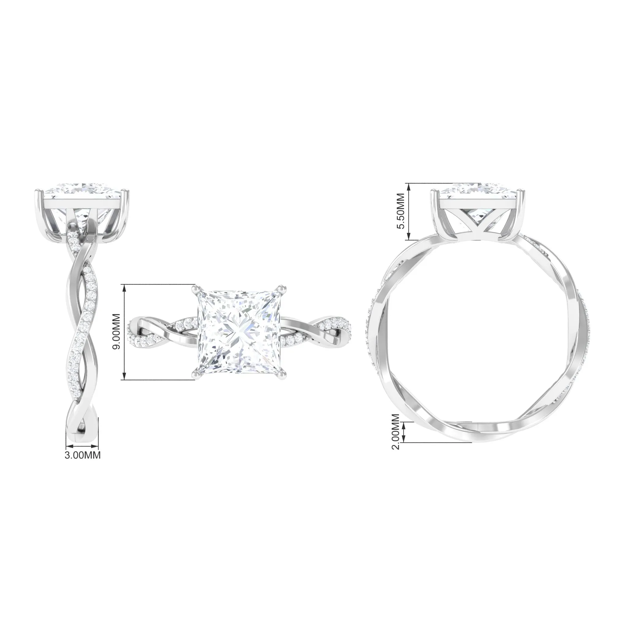 3.25 CT Princess Cut Solitaire Moissanite Braided Engagement Ring