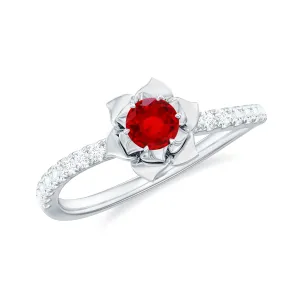 3/4 CT Created Ruby and Diamond Flower Engagement Ring