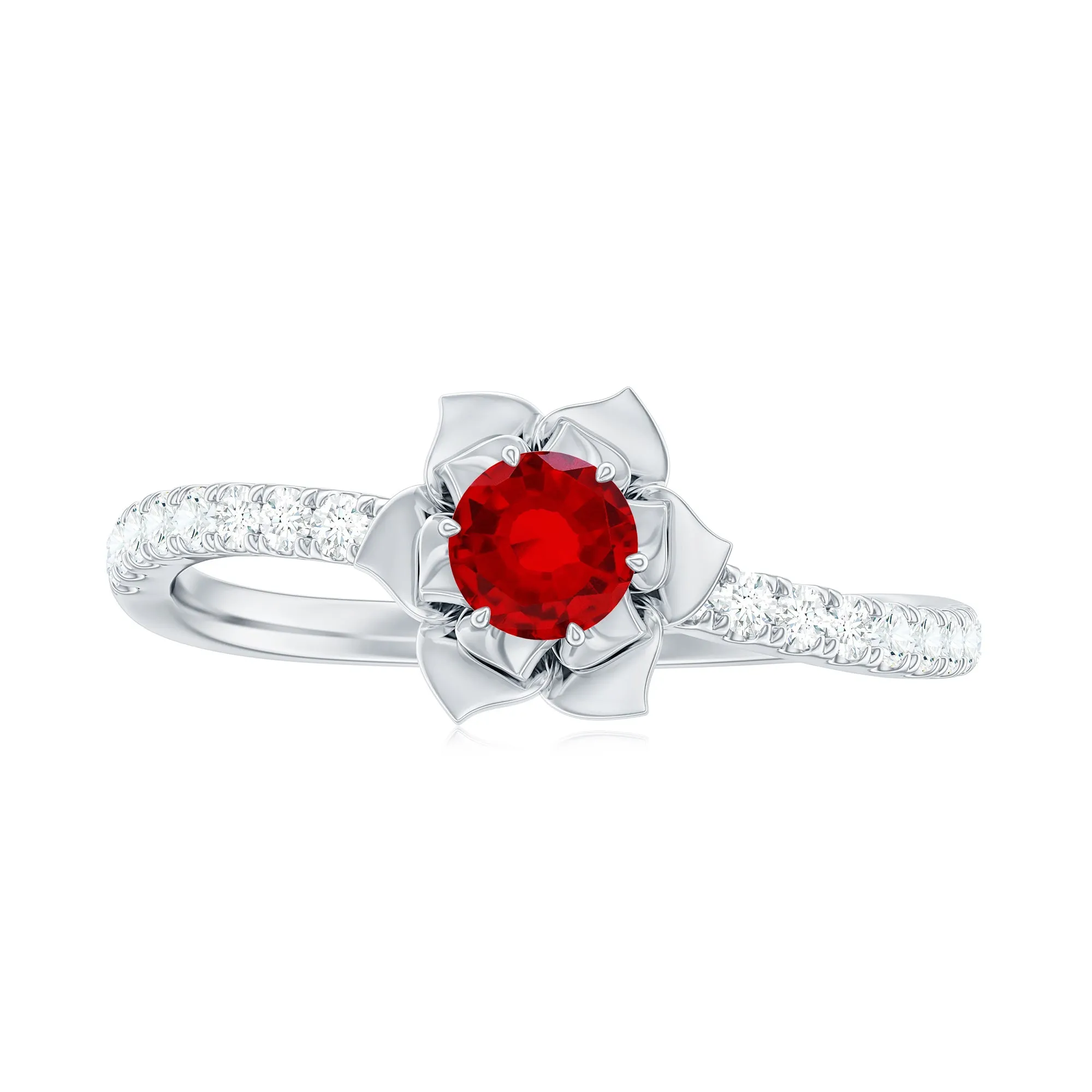 3/4 CT Created Ruby and Diamond Flower Engagement Ring