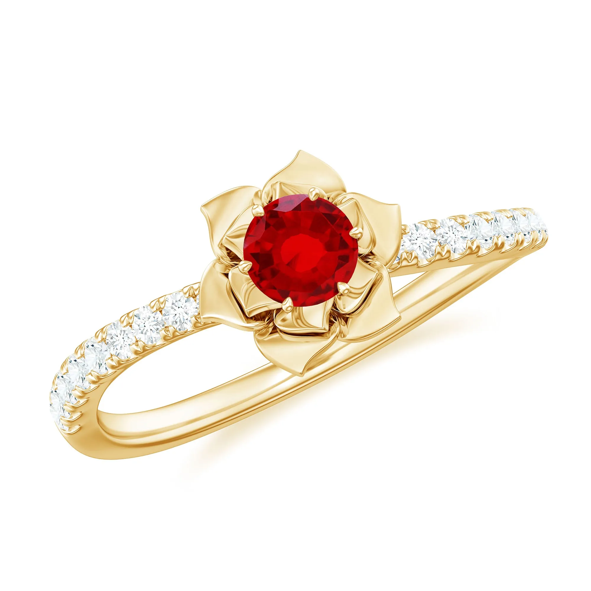 3/4 CT Created Ruby and Diamond Flower Engagement Ring