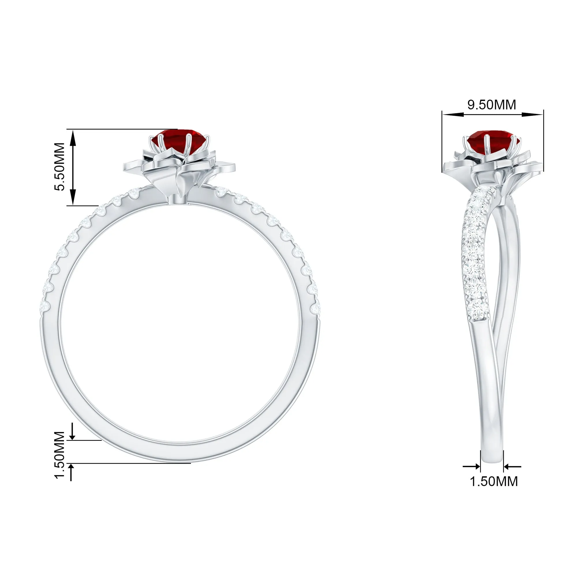 3/4 CT Created Ruby and Diamond Flower Engagement Ring