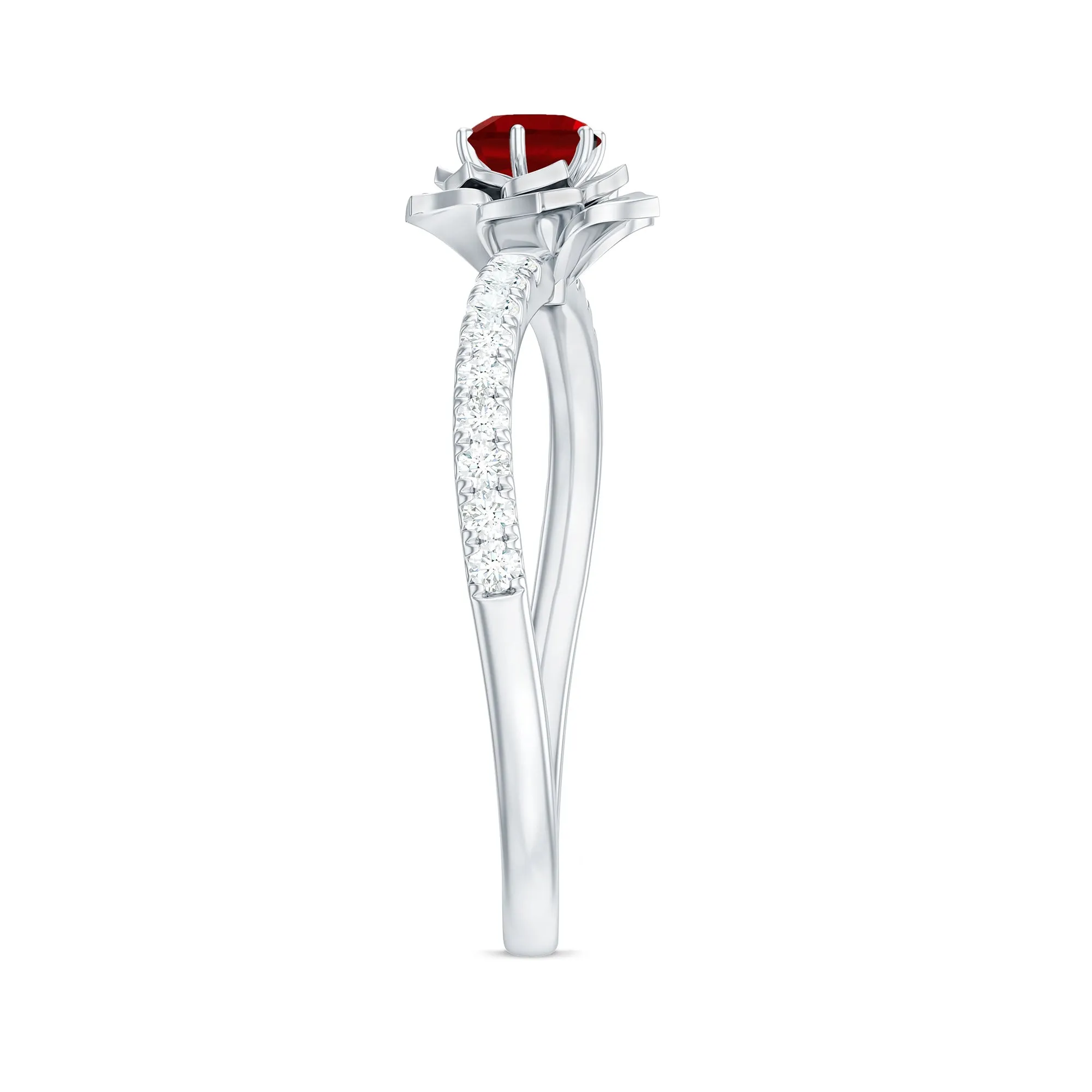 3/4 CT Created Ruby and Diamond Flower Engagement Ring