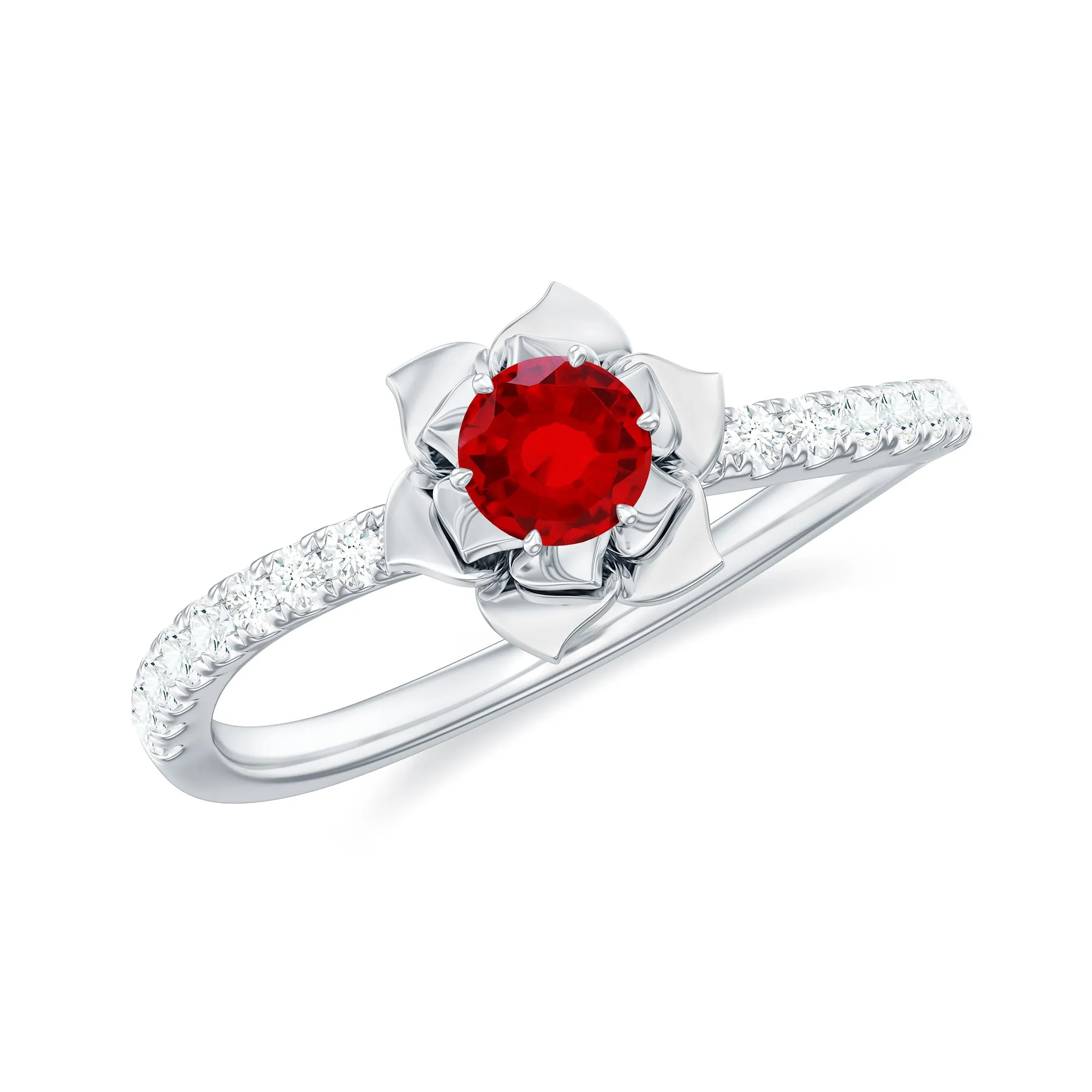 3/4 CT Created Ruby and Diamond Flower Engagement Ring