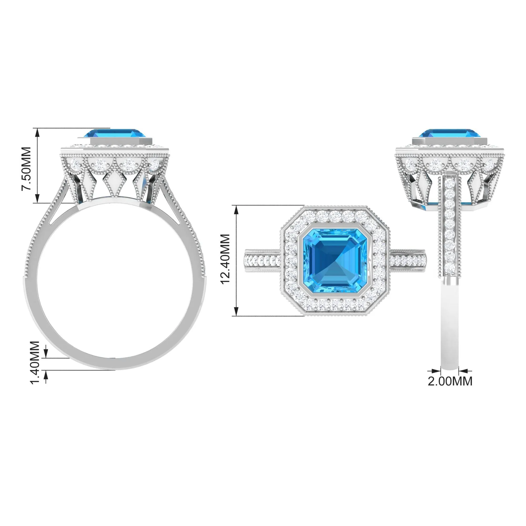 7 MM Asscher Cut Swiss Blue Topaz with Moissanite Side Stone Ring