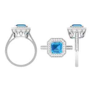 7 MM Asscher Cut Swiss Blue Topaz with Moissanite Side Stone Ring