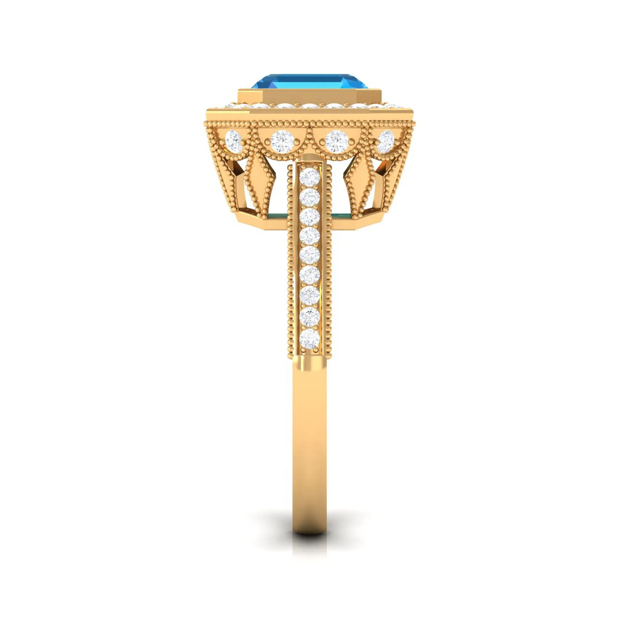 7 MM Asscher Cut Swiss Blue Topaz with Moissanite Side Stone Ring