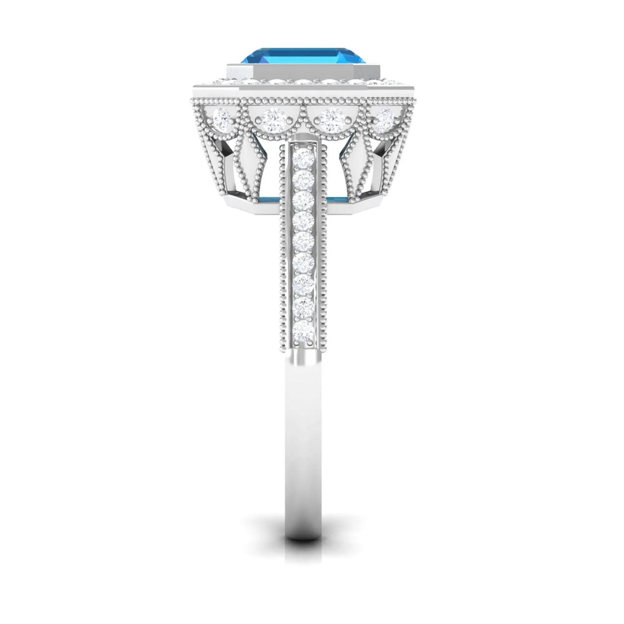 7 MM Asscher Cut Swiss Blue Topaz with Moissanite Side Stone Ring