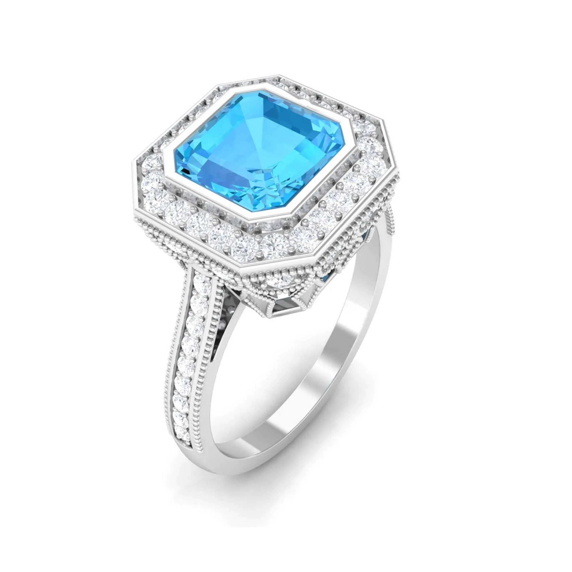 7 MM Asscher Cut Swiss Blue Topaz with Moissanite Side Stone Ring