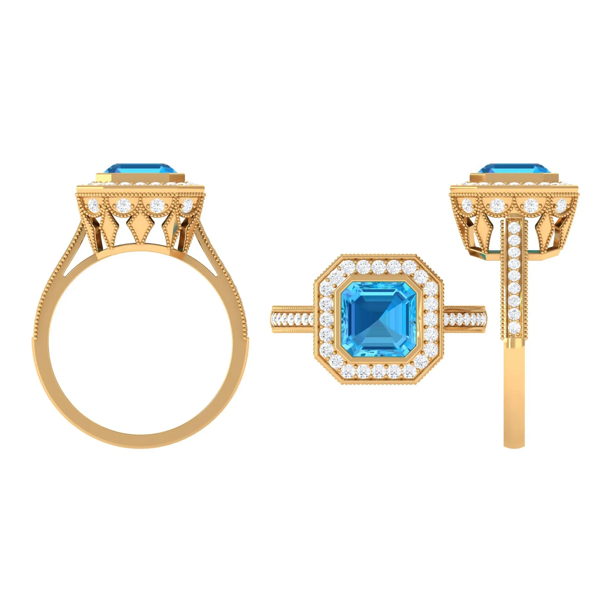 7 MM Asscher Cut Swiss Blue Topaz with Moissanite Side Stone Ring