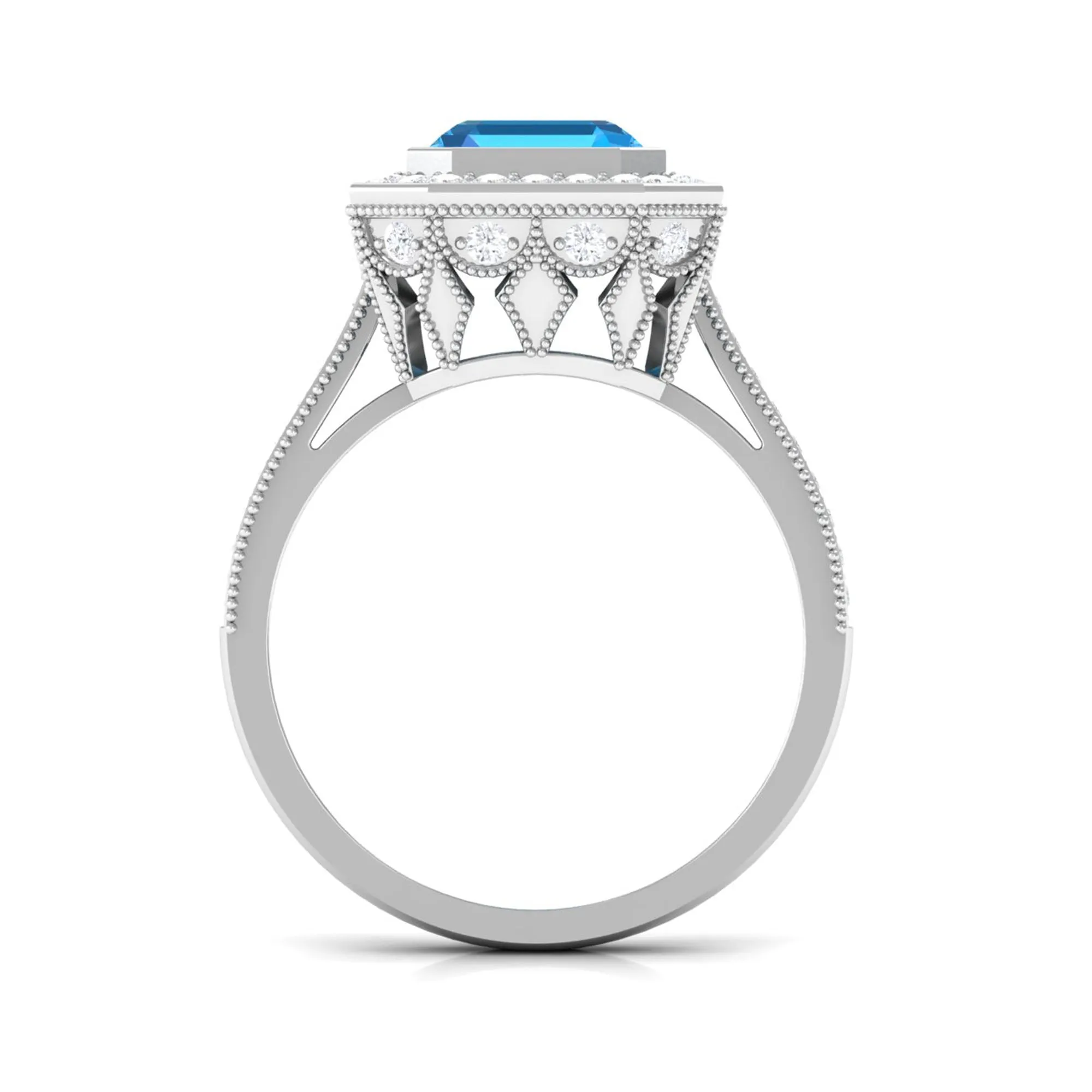 7 MM Asscher Cut Swiss Blue Topaz with Moissanite Side Stone Ring