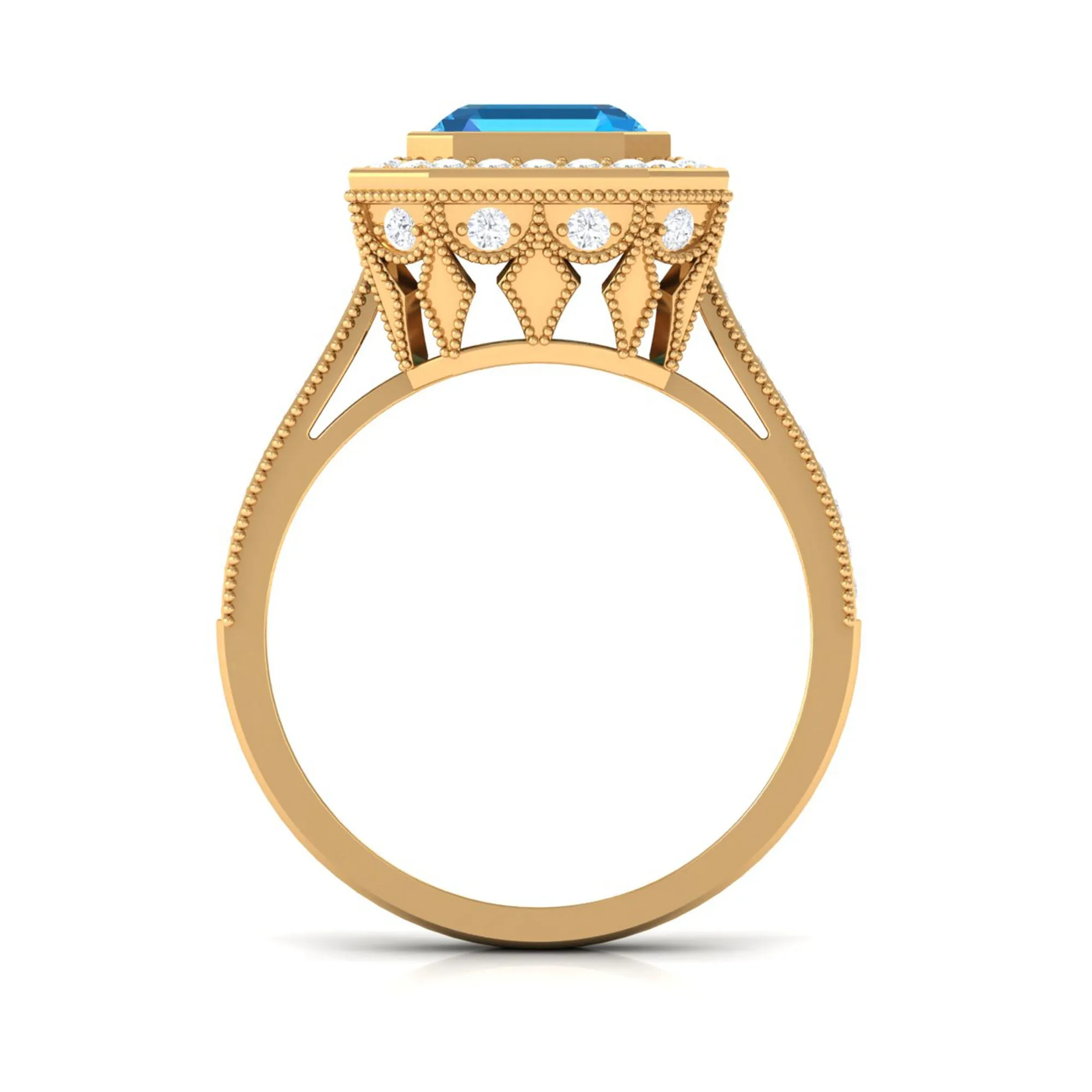 7 MM Asscher Cut Swiss Blue Topaz with Moissanite Side Stone Ring