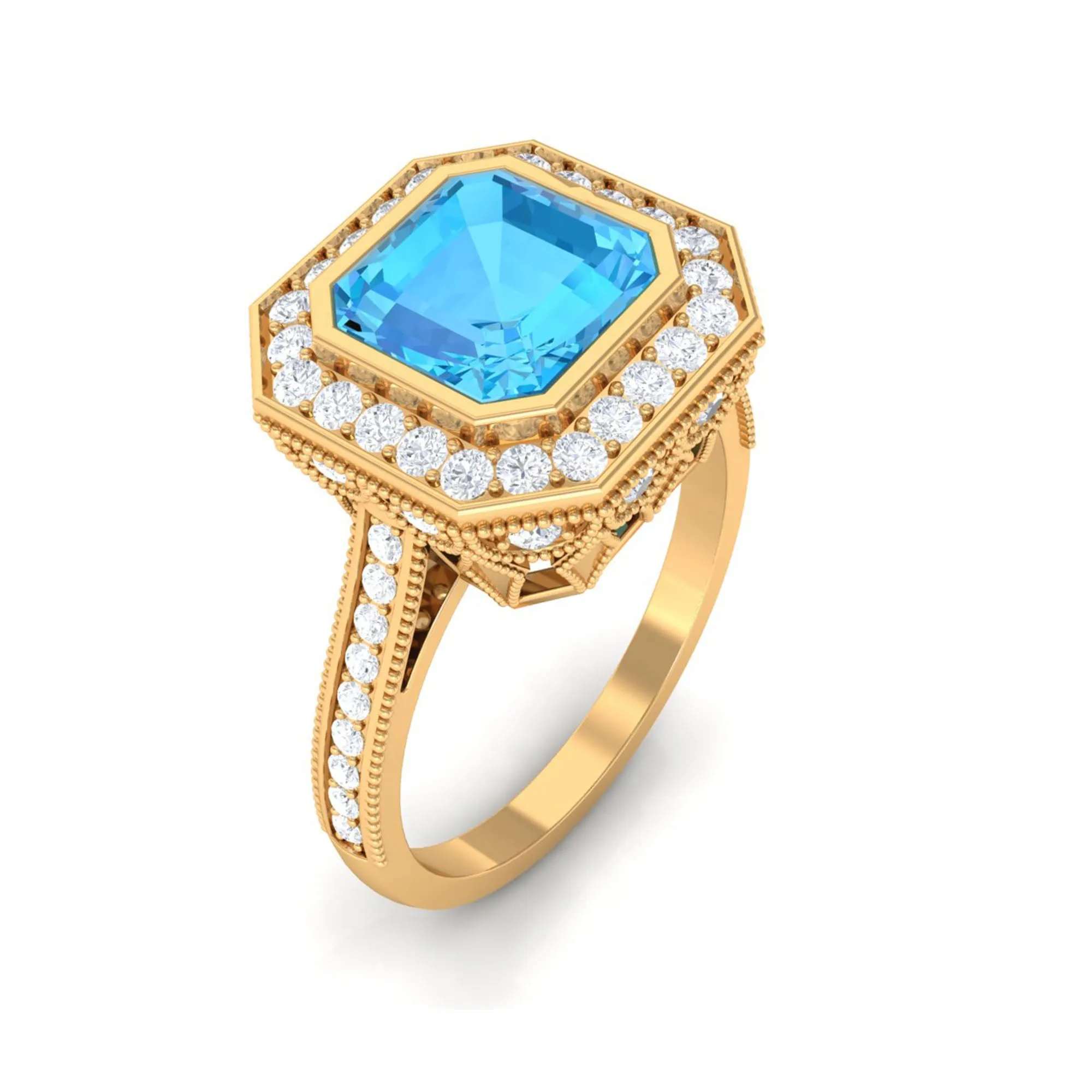 7 MM Asscher Cut Swiss Blue Topaz with Moissanite Side Stone Ring