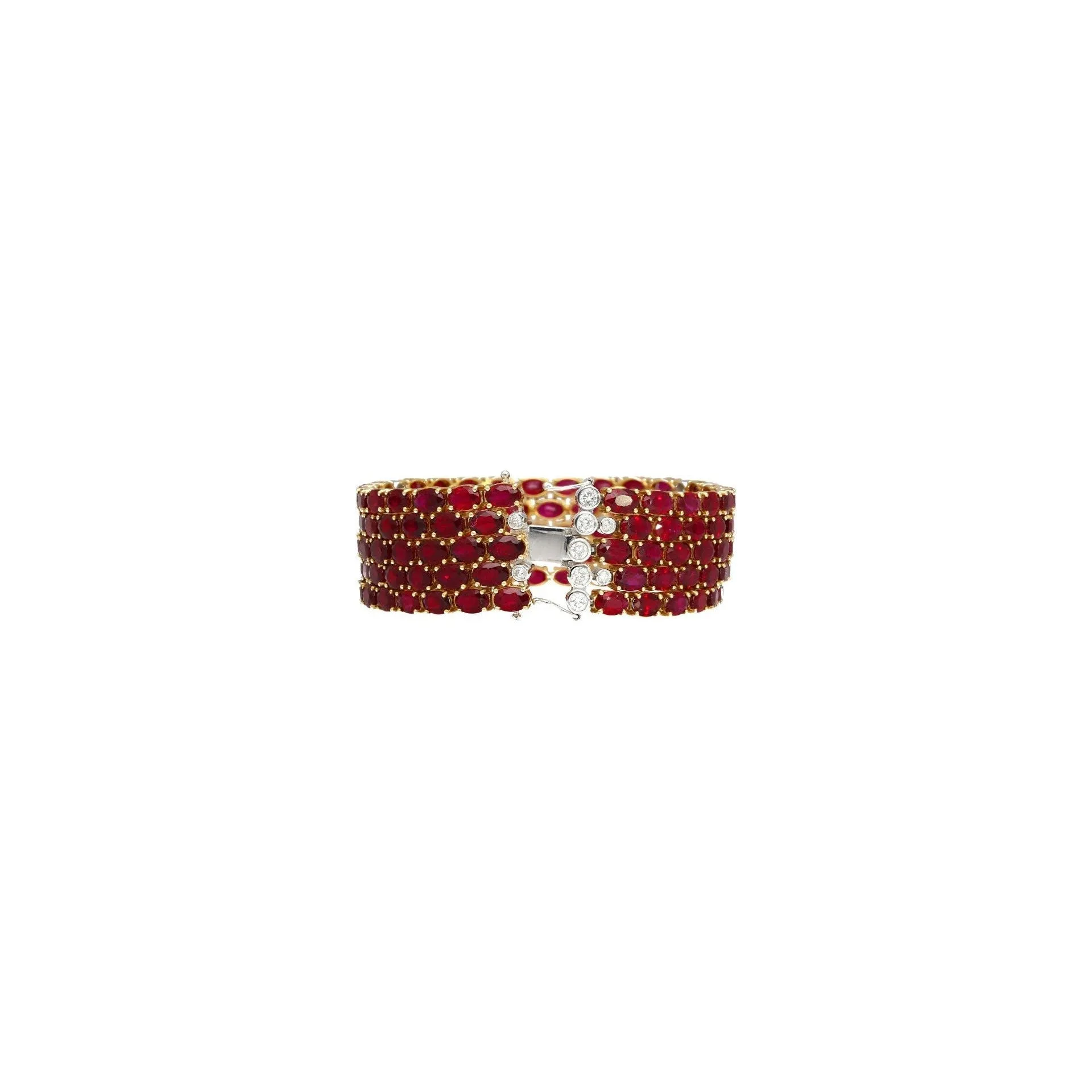 72.51 Carat Natural Oval Cut Ruby 5-Row Multi Link Tennis Bracelet in 18K Gold