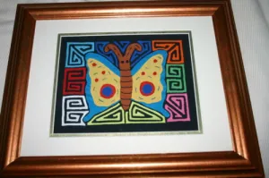 A Kuna Indian Folk Art Mola from San Blas Islands, Panama in Custom Frame, Under Glass & Double Mats. Hand Stitched Applique: Colorful Butterfly  17" X 14" (DFM1) WALL DECOR