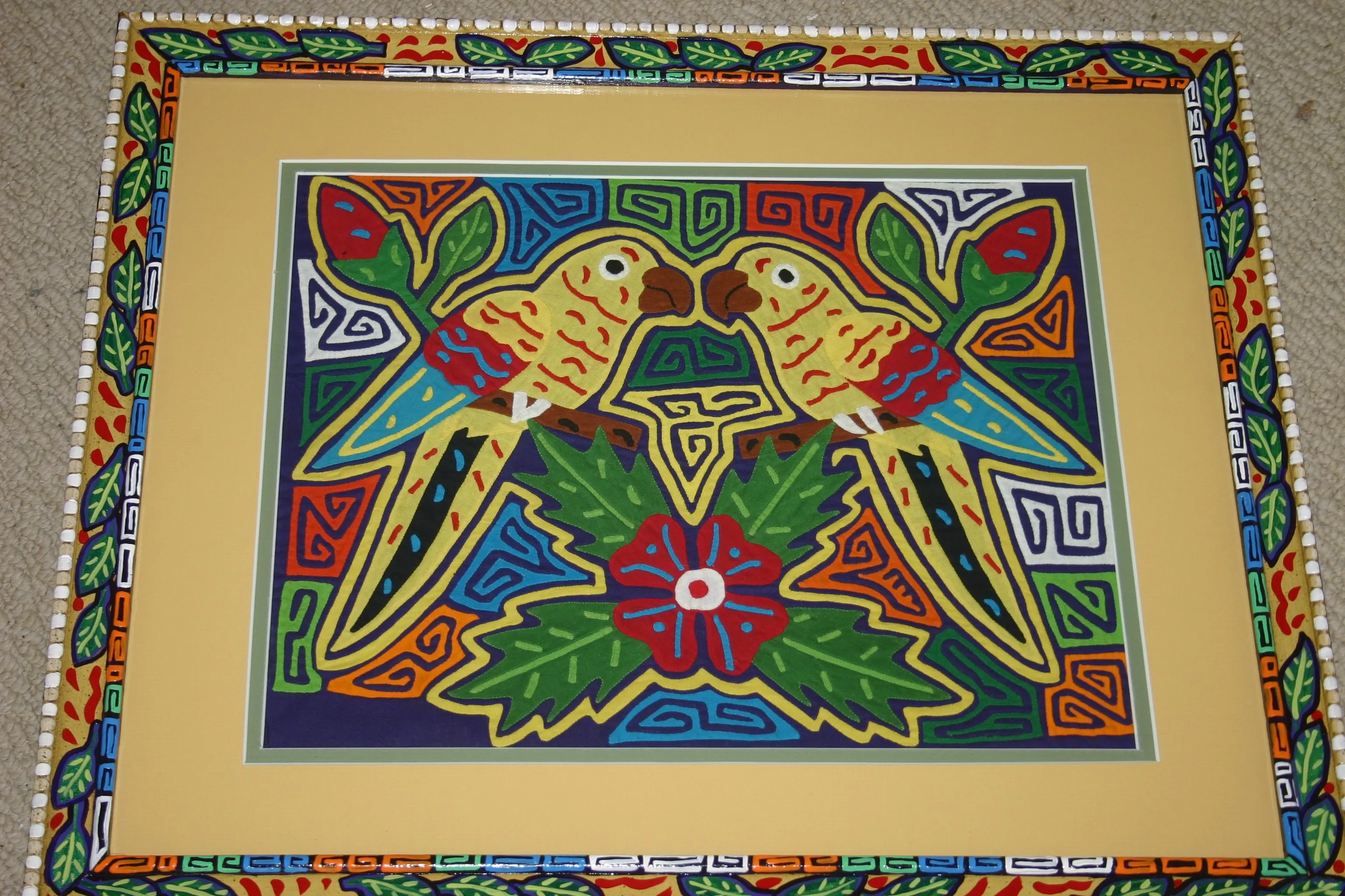 A Kuna Indian Folk Art Mola from San Blas Islands, Panama in Custom Frame, Under Glass & Double Mats. Hand Stitched Applique: Colorful Butterfly  17" X 14" (DFM1) WALL DECOR